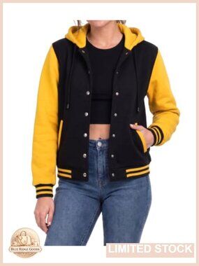 Women's Hooded Varsity Letterman Bomber Jacket Fleece Polyester